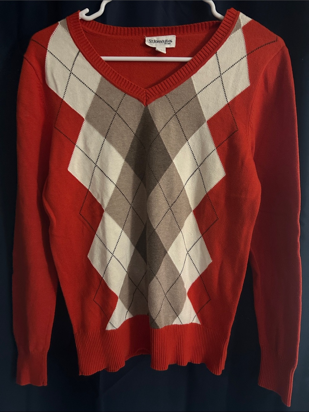 St. John's Bay Red V-Neck Argyle Sweater with Cream and Tan Diamonds 100 cotton